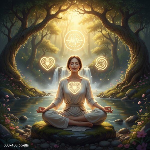 شخص في حالة تأمل سلمي وسط طبيعة متوازنة، مع رموز عقل واضح وقلب مستقر وروح متصلة تطفو حوله، تمثل الانسجام الداخلي والتوازن بين الجوانب العقلية والعاطفية والروحية.