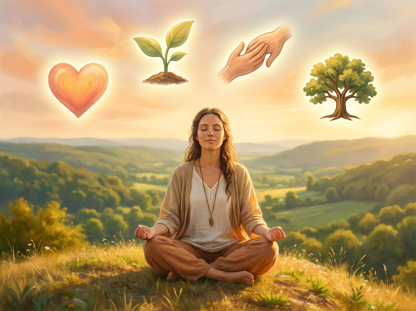 صورة رمزية لشخص في حالة انسجام داخلي وسط بيئة طبيعية متوازنة، تمثل أبعاد الرفاهية النفسية.