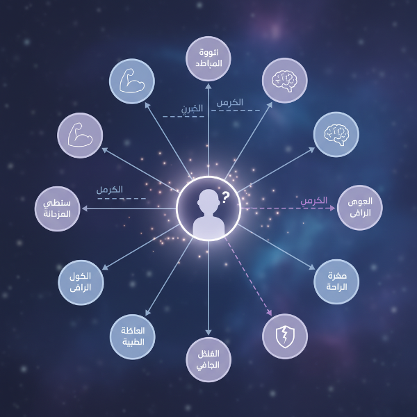 صورة توضيحية لاختبار الشخصية تظهر كخريطة ذهنية تفاعلية مع 15 بُعدًا نفسيًا، حيث يكتشف المستخدم نقاط قوته وضعفه في رحلة لاكتشاف الذات.