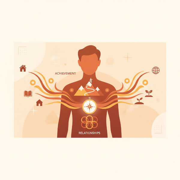 رسم رمزي يظهر مصادر الطاقة النفسية داخل الإنسان: الإنجاز كتسلق جبل، العلاقات كدوائر متصلة، الغاية كبوصلة تهدي الطريق. بأسلوب حديث بسيط وألوان دافئة.