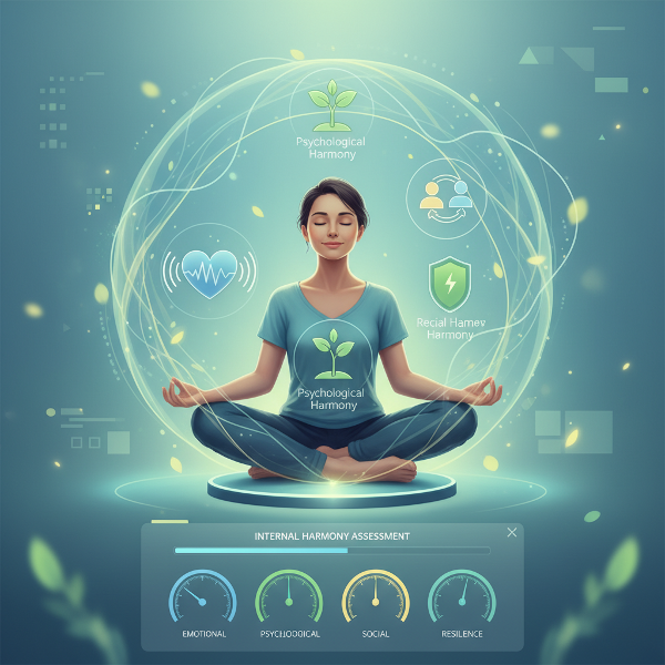 صورة توضيحية لاختبار الانسجام الداخلي عبر المحاور العاطفية والنفسية والاجتماعية والمرونة، تظهر شخصًا في حالة توازن مع رموز بصرية لكل محور.