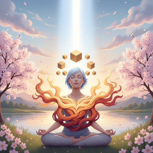 تصوير رمزي للانسجام الداخلي يظهر توازن العقل والعاطفة والروح في مشهد يبعث على السلام.