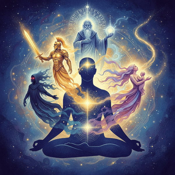 رسم تجريدي يظهر النماذج الأصلية (البطل، الظل، الأم، الحكيم) كأشكال أسطورية مضيئة تنبثق من صورة ظلية لإنسان في منظر نفسي عميق.