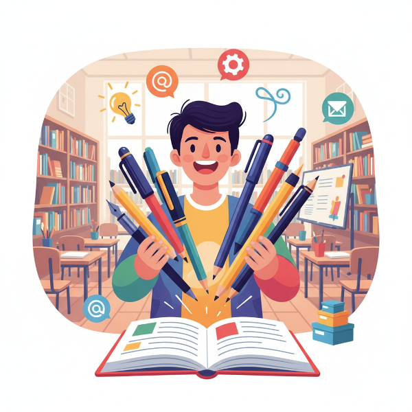 صورة تعبيرية لشخص سعيد محاط بمجموعة من الأقلام المختلفة على دفتر مفتوح، ترمز إلى اكتشاف القلم المثالي الذي يناسب شخصيته.