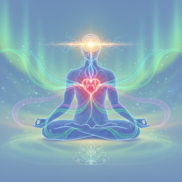 تصوير تجريدي لشخص في حالة تأمل، مع إظهار تدفق الطاقة بين الدماغ والقلب والجسد، يرمز إلى الترابط بين الصحة النفسية والجسدية.