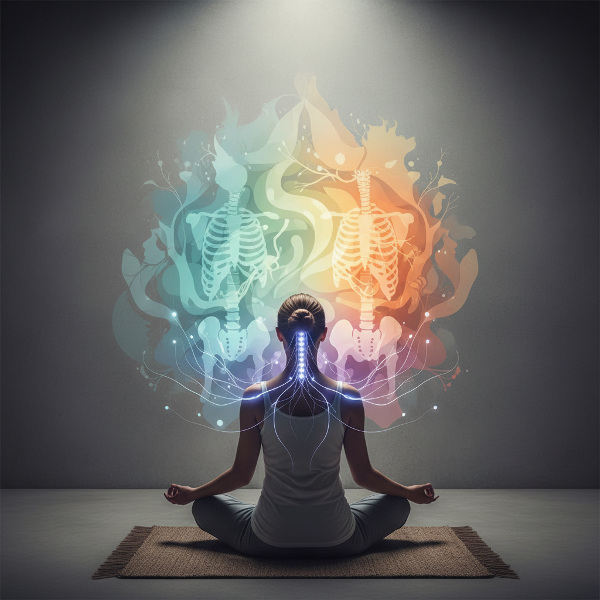 تصوير فني يرمز للتواصل بين الحالة النفسية والاستجابات الجسدية، يظهر تدفق الطاقة العاطفية وتأثيرها على الجسم.