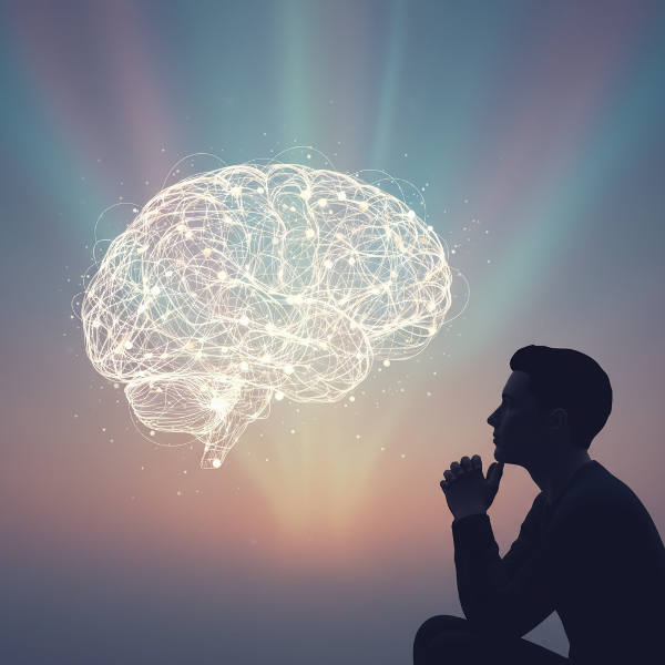 رجل يتأمل عقله المضيء حيث تظهر شبكة معقدة من العادات اليومية، مع إبراز بعض العادات الإيجابية والسلبية بوضوح