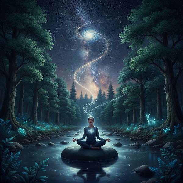 صورة لشخص يتأمل في وسط طبيعة خلابة تجمع بين السماء المفتوحة والمياه والغابة، ترمز للتواصل الروحي والنفسي بين الإنسان والبيئة.