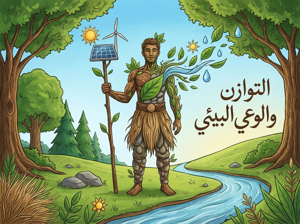 صورة رمزية تظهر انسجام الإنسان مع الطبيعة في مشهد طبيعي متناغم مع رموز بيئية تعبر عن الوعي البيئي والتوازن.