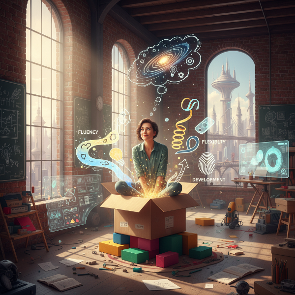 صورة توضيحية لاختبار الإبداع تظهر شخصًا يتفاعل مع رموز الإبداع الأربعة في بيئة ملهمة، مع التركيز على التفكير خارج الصندوق والتغلب على الحواجز الذهنية