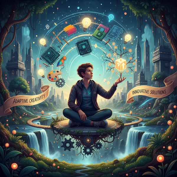 صورة رمزية لشخص يجسد الإبداع بأنماطه المختلفة، محاطًا بأفكار وحلول مبتكرة تظهر قدرته على رؤية ما لا يراه الآخرين