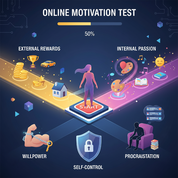 صورة رمزية تظهر شخصًا عند مفترق طرق بين دوافع خارجية وداخلية، مع استعارات بصرية للإرادة والمماطلة.