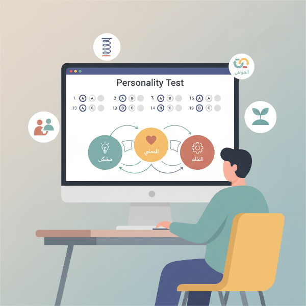 صورة توضيحية لاختبار اكتشاف خريطة الشخصية الداخلية عبر 15 سؤالاً بثلاثة خيارات، تظهر التفاعل مع الأسئلة والأنماط الثلاثة الرئيسية وبيئة النمو الشخصي.