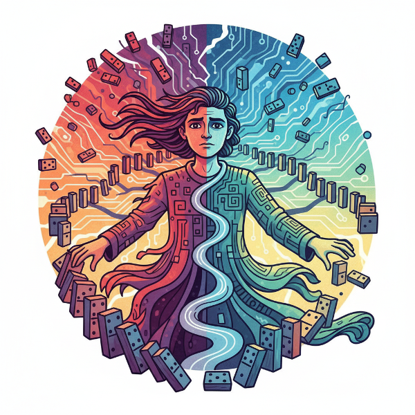 صورة تجريدية ترمز لتحويل الفوضى إلى فرص للنمو، تظهر انتقالًا من الاضطراب إلى النظام والإبداع.