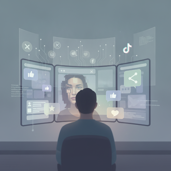 صورة رمزية لشخص أمام شاشات رقمية تعكس تعارض الهوية والعلاقات بسبب التكنولوجيا، مع عناصر FOMO والعزلة