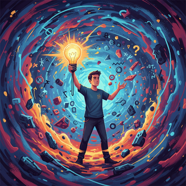 شخص يواجه دوامة من التغيرات والعناصر العشوائية، يمسك بفكرة مضيئة في محاولة لتنظيم الفوضى من حوله.