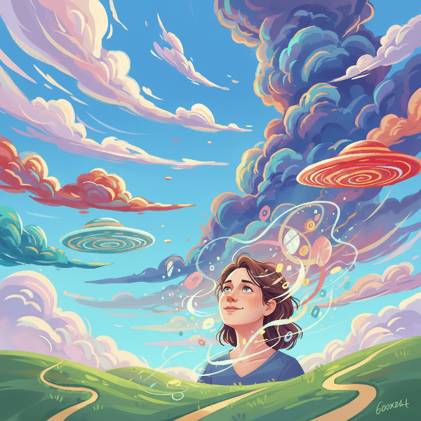 شخص يتأمل سماء مليئة بأنواع متنوعة من السحب الملونة التي تمثل شخصيات مختلفة.