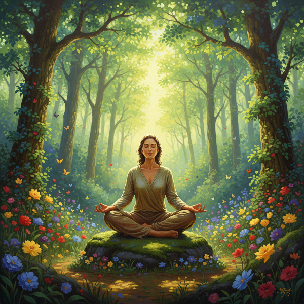 صورة لشخص يتأمل في غابة خضراء، يظهر اتصاله العميق بالطبيعة والانسجام البيئي من خلال تعبير وجهه الهادئ والمحيط الطبيعي النابض بالحياة.