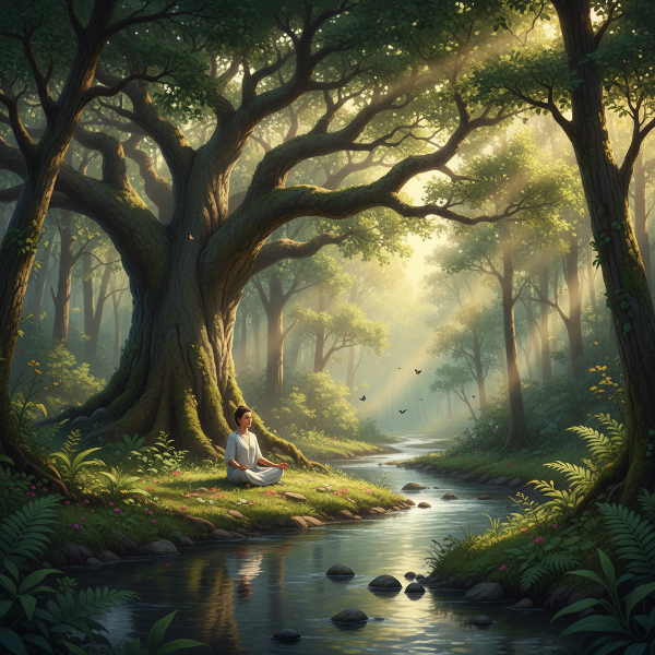 صورة لشخص يتأمل بسلام تحت شجرة كبيرة في غابة خضراء، مع نهر يتدفق وأشعة شمس ناعمة تخترق الأوراق، ترمز للانسجام مع الطبيعة والتوازن النفسي.