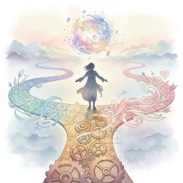 رسم توضيحي لشخص عند مفترق طرق مع ثلاثة مسارات رمزية تمثل سمات شخصية، بألوان ناعمة وعناصر مثل قطع الألغام والتروس للسفر الذاتي.