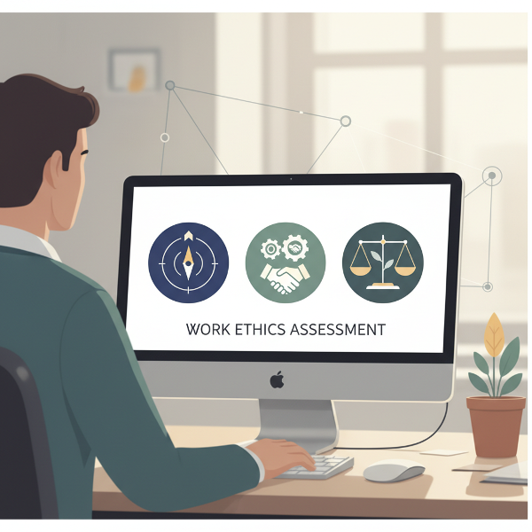 صورة تعبيرية لشخص يجري اختبارًا مهنيًا عبر الحاسوب، مع رموز بصرية للقيم المهنية والتحليل النفسي