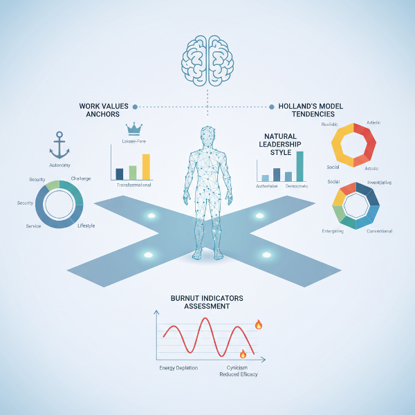 صورة توضيحية لاختبار الشخصية المهنية يظهر محاور القيم والقيادة والميول مع مؤشرات الإنهاك، بتصميم إنفوجرافيك واضح.