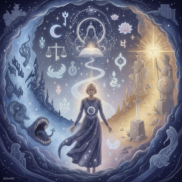 رسم استعاري يصور شخصًا عند مفترق طرق أسطورية، ترمز إلى النماذج الأصلية الداخلية: البطولة، الظل، والحكمة. تطفو رموز الأحلام في الخلفية بأسلوب فني سريالي ولوني ناعم.