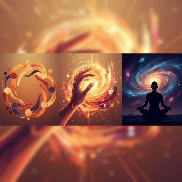 تصوير تجريدي يرمز لمصادر الطاقة النفسية الثلاث: التواصل الاجتماعي، الإبداع، والبحث عن المعنى، بألوان متناغمة تعبر عن التوازن الداخلي.