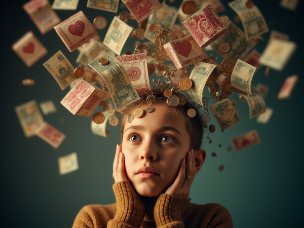 صورة شخص يتأمل في العملات النقدية والأوراق المالية المحيطة به، مع رموز عاطفية خفية تعكس العلاقة النفسية المعقدة بين المال والمشاعر.