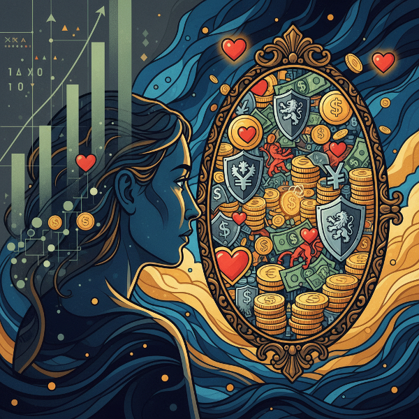 صورة رمزية لشخص ينظر في مرآة تعكس مشاعره تجاه المال، تظهر العملات والنقود كقلوب ودروع في خلفية من الألوان العاطفية والرسوم البيانية المجردة.