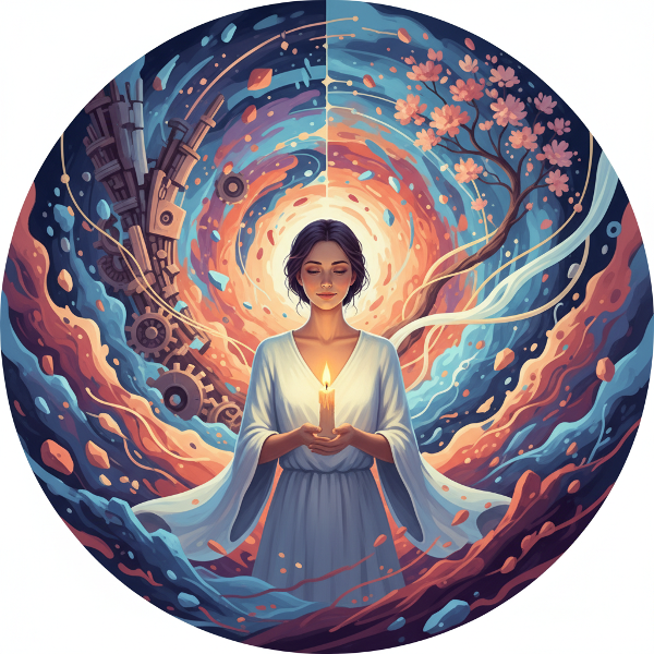 شخص يظهر المرونة والهدوء في وسط دوامات فوضوية من الألوان والأشكال المتغيرة، ممسكًا بمصدر نور رمزي.