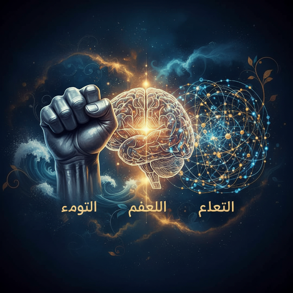 صورة رمزية تظهر ثلاثة مصادر للقوة: العزم باليد القوية، الحكمة بالدماغ المتوهج، والاتصال بشبكة الأضواء المترابطة على خلفية درامية.