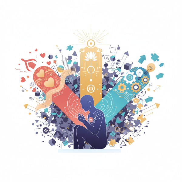 رسم رمزي يظهر ثلاثة مسارات تنبثق من شخص تحت الضغط: مرونة عاطفية، تركيز عقلي، وارتباط روحي، مع تحول الفوضى إلى فرص.