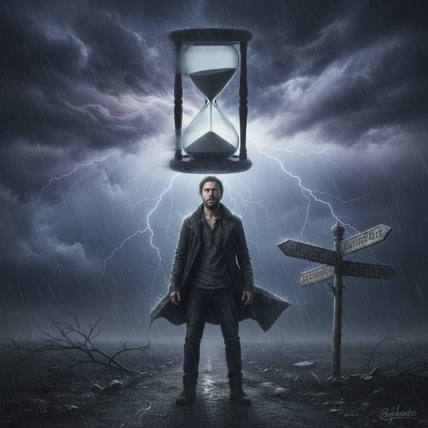 صورة رمزية لشخص يواجه ضغطًا واتخاذ قرار في لحظة حرجة، مع عناصر بصرية تعبر عن العاصفة والوقت السريع والمفترق الطرق