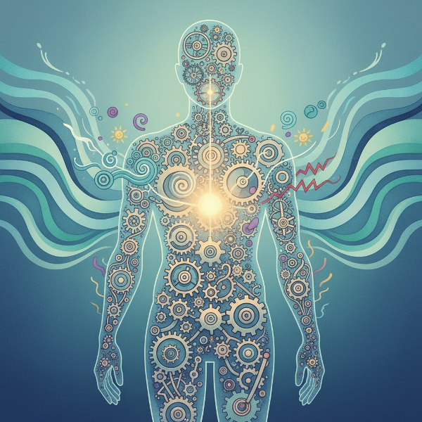 رسم رمزي لجسم شفاف يظهر التوصيل بين المشاعر والأحاسيس الجسدية، مع تروس مترابطة وموجات عاطفية مجردة.