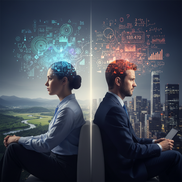 تصوير بصري يوضح الفرق بين التفكير النوعي (الأنماط والروابط) والتفكير الكمي (التفاصيل والأرقام) في معالجة المعلومات