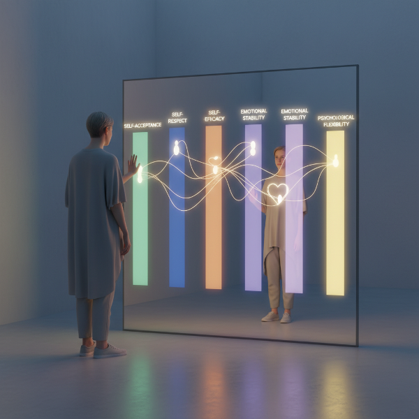 صورة شخص ينظر إلى مرآة تعكس خمسة أعمدة مضيئة تمثل محاور تقدير الذات، بأسلوب حديث وبإضاءة ناعمة تعبر عن التأمل الذاتي.