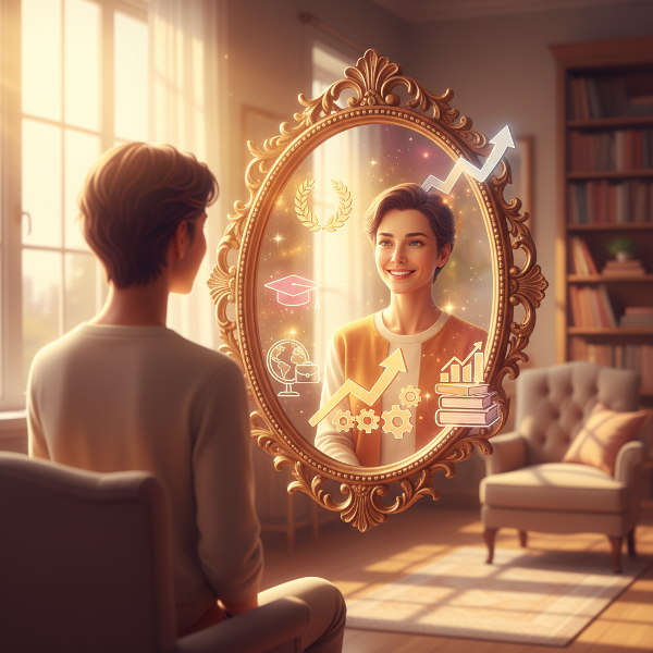 صورة رمزية لشخص ينظر في مرآة تظهر انعكاسًا واثقًا وإيجابيًا لنفسه، محاطًا برموز النجاح والعلاقات الصحية، في جو بصري دافئ ومشرق.