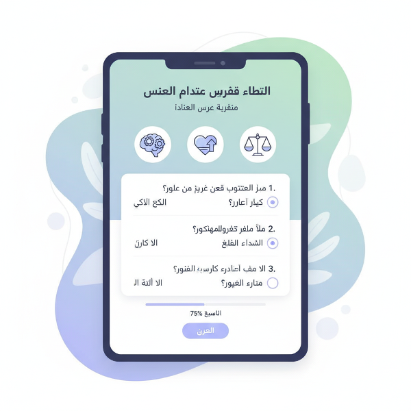 صورة تعبر عن اختبار تقدير الذات تحتوي على استبيان إلكتروني ورسومات توضيحية ملهمة بألوان هادئة.