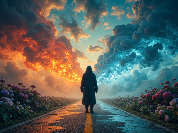 شخص يقف عند مفترق طرق يرمز لاستجابات التوتر المختلفة: طريق ناري وفوضوي، طريق متجمد وضبابي، وطريق واضح مزهر ينمو.