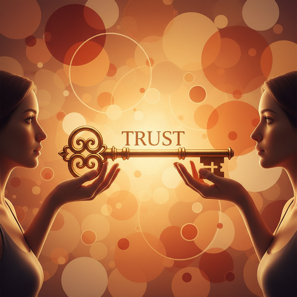 صورة رمزية لشخصين يتشاركان مفتاح الثقة الذهبي في خلفية من الدوائر المتداخلة التي تمثل العلاقات الإنسانية المختلفة.