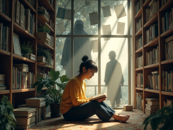 شابة تجلس في مكتبة جامعية محاطة بالكتب ولكنها تشعر بالاغتراب، مع تباين مرئي بين إنجازاتها الأكاديمية وصور ظلية لمقارنات عائلية، وضوء ناعم يبدأ في الظهور.