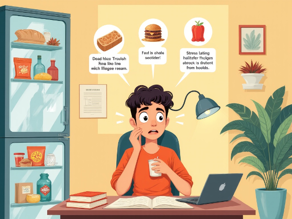 طالب جامعي يعاني من نهم الطعام أثناء الامتحانات، يجلس على مكتب الدراسة ويشعر بالتوتر وهو يتناول وجبات خفيفة، مع عناصر بصرية تمثل نصائح الطبيبة النفسية للتغلب على هذه العادة.