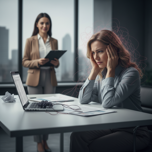 امرأة في منتصف العمر تعاني من أعراض جسدية بسبب التوتر المهني، مع وجود عناصر رمزية للضغط ودعم علاجي.