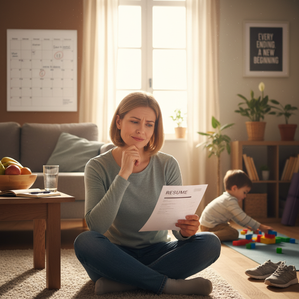 امرأة تتعامل مع فقدان الوظيفة وضغوط الأمومة، في مشهد يظهر التحدي والتكيف مع روتين جديد.