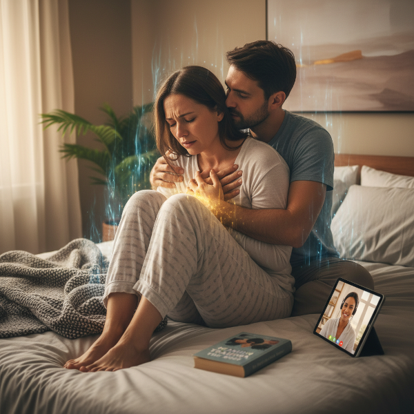 امرأة تعاني من نوبة ذعر جسدية ونفسية في سياق حميمي مع زوجها، مع وجود حاجز غير مرئي يمثل الخوف، وأشكال ترمز لتقنيات التنفس والاسترخاء في الخلفية.