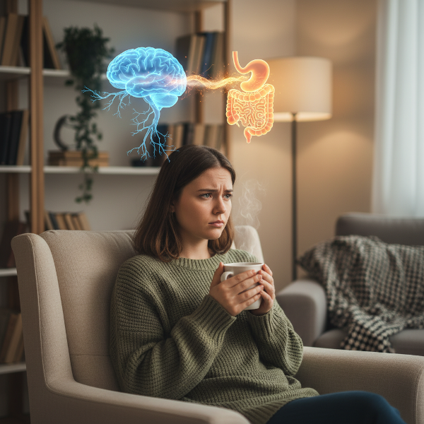 صورة رمزية لامرأة شابة تجسد العلاقة بين التوتر النفسي وأعراض القولون العصبي، في جو داعم وهادئ.