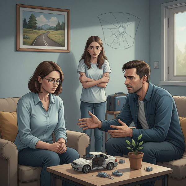 امرأة تعاني من آثار صدمة نفسية تحاول التواصل مع زوجها المتوتر بينما تراقبهم ابنتهم المراهقة بقلق، في مشهد يعبر عن التوازن بين التعافي والحفاظ على الأسرة.