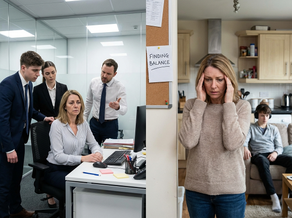 امرأة في الأربعينيات محاصرة بين ضغوط مكتب سام وتحديات تربية ابن مراهق، تبحث عن التوازن النفسي.