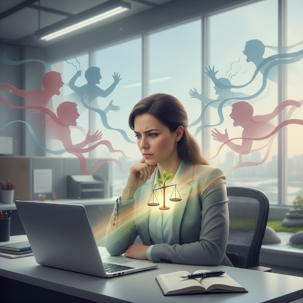 امرأة في مكتبها تحول نزاعات العمل المجسدة كخطوط متوترة إلى رموز للنمو الذاتي والسلام الداخلي مثل نبتة وميزان.